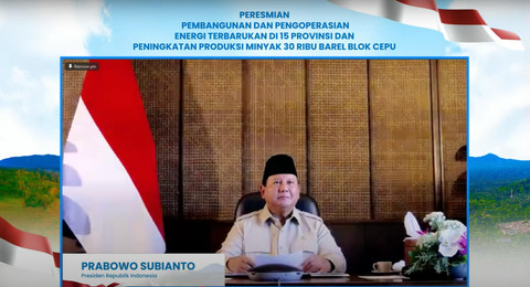 Presiden Prabowo Subianto dalam Peresmian Pembangunan dan Pengoperasian Energi Terbarukan di 15 Provinsi dan Peningkatan Produksi Minyak 30 Ribu Barel Blok Cepu, secara daring pada Kamis (26/06). Foto: Dok. Pertamina
