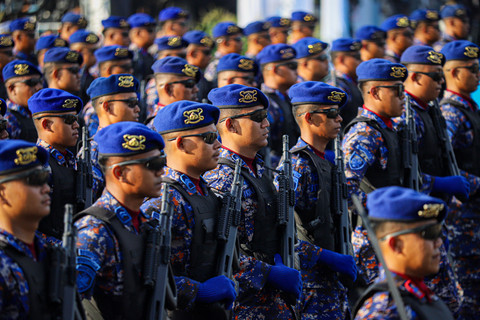 Suasana upacara HUT Bhayangkara ke-79 di Monumen Nasional (Monas), Jakarta, Selasa (1/7/2025). Foto: Iqbal Firdaus/kumparan
