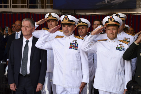 Suasana peresmian KRI Brawijaya-320, serta pengukuhan Komandan KRI Brawijaya-320 yang dilaksanakan di galangan kapal Fincantieri, Muggiano, Italia. Rabu (2/7/2025). Foto: Dok. Istimewa