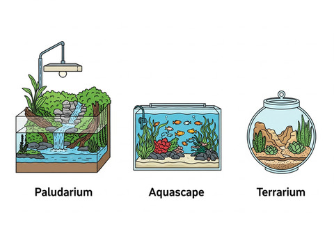 Ilustrasi apa perbedaannya dengan aquascape dan terarium?