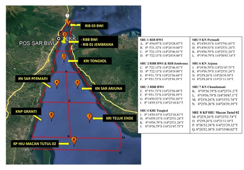 Luas area pencarian korban KMP Tunu Pratama Jaya di Selat Bali pada Sabtu (5/7/2025). Foto: Dok. Basarnas Bali