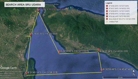 Luas area pencarian korban KMP Tunu Pratama Jaya yang tenggelam pada hari ke-4 atau Sabtu (5/7) di Selat Bali. Foto: Dok. Basarnas Bali