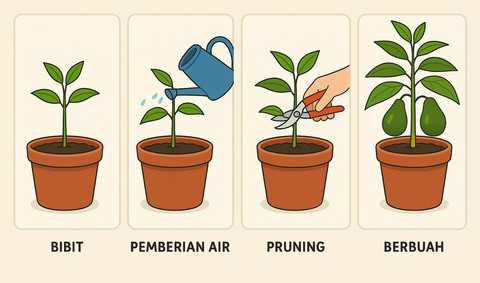 Ilustrasi cara membuahkan tabulampot alpukat.
