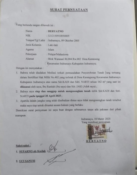 Surat kesepakatan kasus sengketa tanah di kakek-cucu di Indramayu. Foto: Istimewa