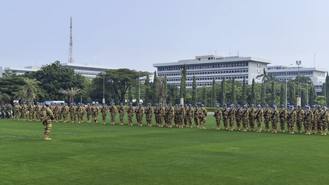 Suasana saat upacara penerimaan Satgas KIZI TNI Kontingen Garuda XX-U Monusco Kongo Tahun Anggaran 2024 di Lapangan Prima Mabes TNI, Jakarta, Kamis (10/7/2025). Foto: Rachmadi Rasyad/kumparan