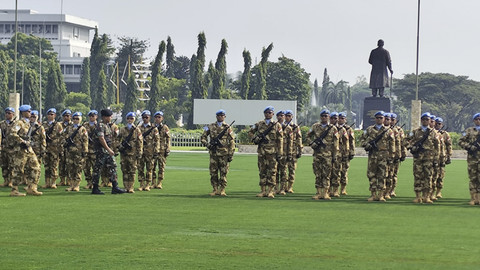 Suasana saat upacara penerimaan Satgas KIZI TNI Kontingen Garuda XX-U Monusco Kongo Tahun Anggaran 2024 di Lapangan Prima Mabes TNI, Jakarta, Kamis (10/7/2025). Foto: Rachmadi Rasyad/kumparan