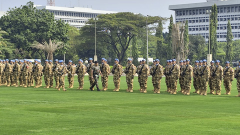 Suasana saat upacara penerimaan Satgas KIZI TNI Kontingen Garuda XX-U Monusco Kongo Tahun Anggaran 2024 di Lapangan Prima Mabes TNI, Jakarta, Kamis (10/7/2025). Foto: Rachmadi Rasyad/kumparan