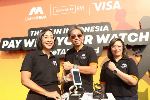 Konferensi pers peluncuran teknologi “Tap to Pay with Garmin Pay” Bank Mega, Visa, dan Garmin di Lobi Timur Stadion Utama Gelora Bung Karno, Senayan, Sabtu (12/7). Foto: Garmin