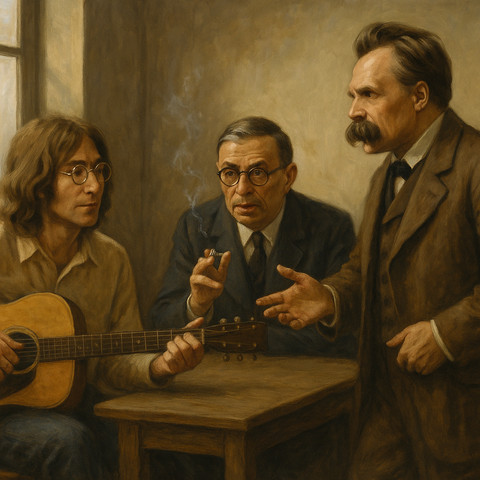 Ilustrasi dialog imajiner antara Lennon, Sartre dan Nietzsche tentang lagu Imagine, OpenAI