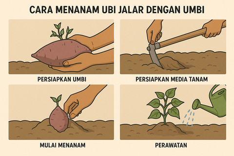 Ilustrasi cara menanam ubi jalar dengan umbi.