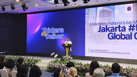 Gubernur Jakarta, Pramono Anung, dalam acara Jakarta Sustainibility Forum di Balai Kota Jakarta, Rabu (23/7/2025). Foto: Jonathan Devin/kumparan