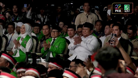 Presiden Prabowo Subianto dan Wakil Presiden Gibran Rakabuming Raka menghadiri Harlah ke-27 Partai PKB di JCC, Jakarta, Rabu (23/7/2025). Foto: Youtube/DPP PKB