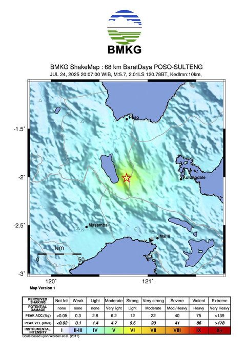 Lokasi gempa Poso, Kamis (24/7/2025). Foto: Dok. BMKG