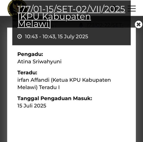 Tangkapan layar register pelaporan Ketua KPU Melawi di website dkpp.go.id