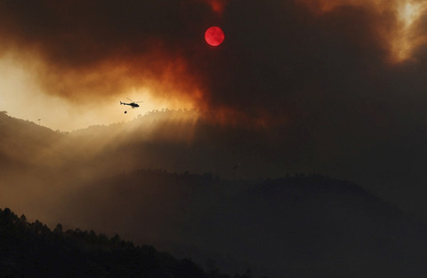 Sebuah helikopter terbang untuk menjatuhkan air guna memadamkan kebakaran hutan di pinggiran Mombeltran, Spanyol, Selasa (29/7/2025). Foto: Juan Medina/REUTERS