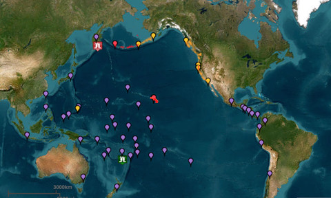 Titik-titik ungu adalah ancaman tsunami imbas gempa dahsyat di Rusia, Rabu (30/7/2025). Foto: Dok. www.tsunami.gov