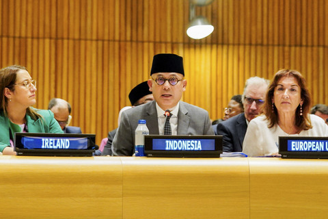 Wamenlu Arrmanatha Nasir mewakili Indonesia hadir di Konferensi Tingkat Tinggi Internasional mengenai Implementasi Two-State Solution di Markas Besar PBB, New York. Foto: Dok. PTRI New York