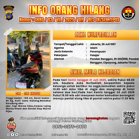 Perempuan asal Pondok Ranggon, Jakarta Timur, bernama Azka Nurfadillah (28 tahun) hilang di sekitar Pantai Siung, Kabupaten Gunungkidul sejak Minggu (27/7/2025). Foto: Dok. Istimewa