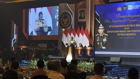 Menteri Imipas Agus Andrianto memeberikan sambutan dalam acara penandatanganan nota kesepahaman di Hotel Shangri-La Jakarta, Senin (4/8/2025). Foto: Jonathan Devin/kumparan