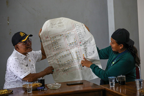 Kades Kesambi, Masri (kiri), dan Ketua KSM Tirta Saras, Doyok (kanan), menunjukkan peta wilayah salah satu RT yang menjadi acuan program sanitasi terpadu. Foto: Aditia Noviansyah/kumparan