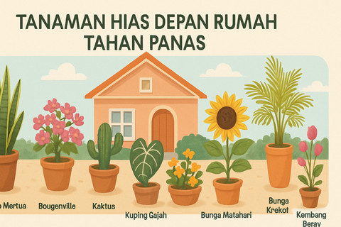 Ilustrasi tanaman hias depan rumah tahan panas.