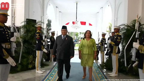 Presiden Prabowo Subianto menerima kunjungan resmi Presiden Republik Peru Dina Baluarte di Istana Merdeka, Senin (11/8/2025). Foto: Youtube/Sekretariat Presiden