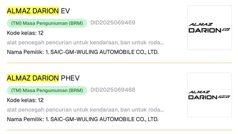 Wuling Almaz Darion EV dan PHEV terdaftar di PDKI Kementerian Hukum RI. Foto: Dok. Kementerian Hukum