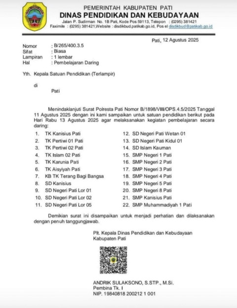 Sejumlah sekolah di wilayah Pati Kota, Kabupaten Pati, Jawa Tengah diliburkan saat aksi unjuk rasa pada Rabu (13... </div>
<div class=
