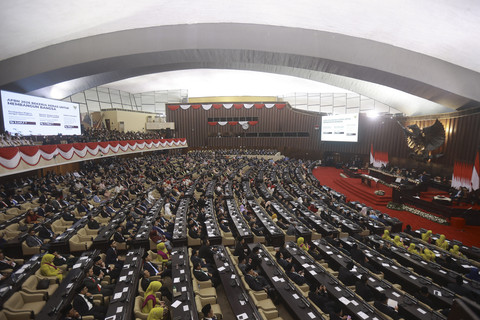 Suasana saat Presiden Prabowo Subianto menyampaikan pidato kenegaraan dalam rangka Penyampaian Pengantar/Keterangan Pemerintah atas RAPBN Tahun Anggaran 2026 beserta Nota Keuangannya di Gedung Nusantara, Kompleks Parlemen, Jakarta, Jumat (15/8/2025). Foto: Dhemas Reviyanto/ANTARA FOTO