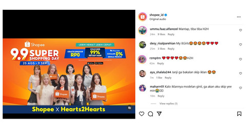 Komentar hangat dari pengguna Instagram untuk iklan Shopee 9.9 Super Shopping Day yang menampilkan Hearts2Hearts. Foto: dok. Istimewa