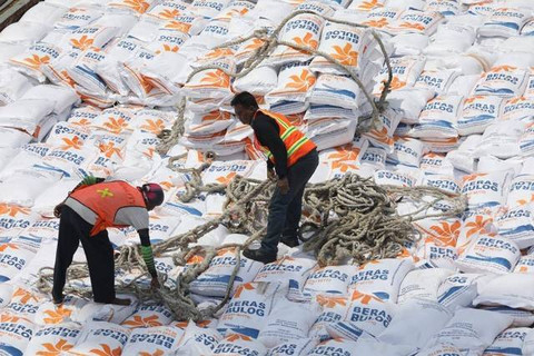 Pekerja melakukan bongkar muat beras impor dari Vietnam di pelabuhan Tanjung Priok, Jakarta, Jumat (16/12). Foto: Aditia Noviansyah/kumparan