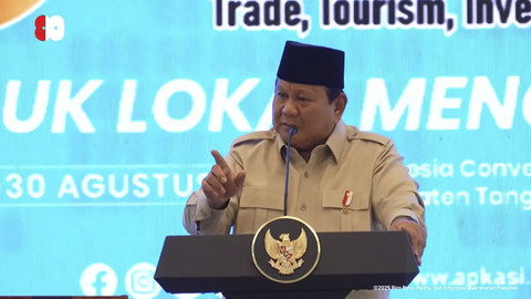 Presiden Prabowo Subianto menyampaikan sambutan saat Pembukaan APKASI Otonomi Expo 2025 di Indonesia Convention Exhibition (ICE) BSD, Tangerang, Jumat (22/8/2025). Foto: Youtube/Sekretariat Presiden