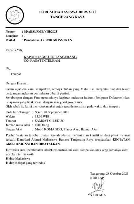 Surat izin aksi unjuk rasa di Samsat Ciledug. dok Istimewa