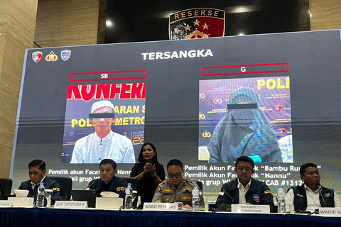Polisi menunjukkan foto tersangka provokasi penghasutan saat rangkaian aksi demonstrasi berujung ricuh saat konferensi pers di Mabes Polri, Jakarta, Rabu (3/9/2025). Foto: Rayyan Farhansyah/kumparan
