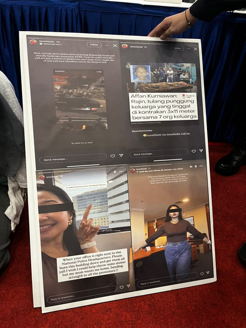 Konten yang diunggah akun Instagram salah satu tersangka provokasi penghasutan saat rangkaian aksi demonstrasi berujung ricuh ditampilkan saat konferensi pers di Mabes Polri, Jakarta, Rabu (3/9/2025). Foto: Rayyan Farhansyah/kumparan