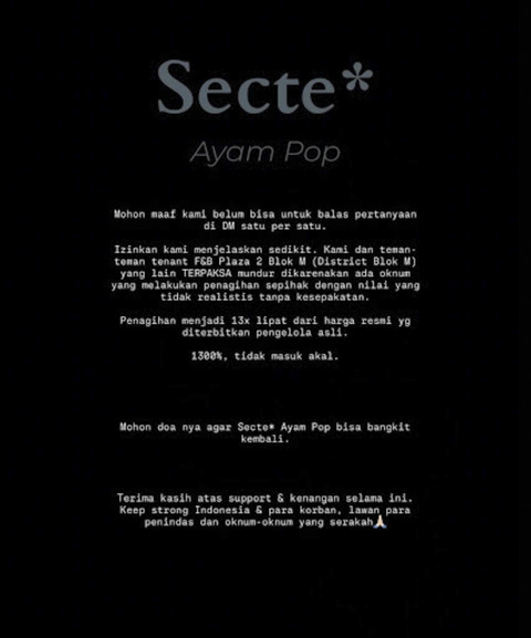 Pernyataan Secte* Ayam Pop. Foto: Instagram/  @secte.ayampop