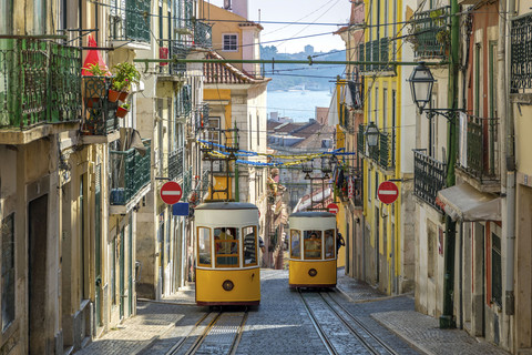 Kereta gantung Funicular Gloria yang jadi ikon wisata di Portugal. Foto: Shutterstock