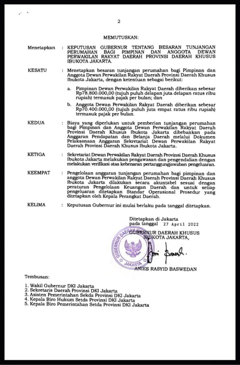 Keputusan Gubernur DKI Jakarta Nomor 415 Tahun 2022 tentang tujangan perumahan anggota DPRD DKI Jakarta. Foto: Dok. JDIH DKI