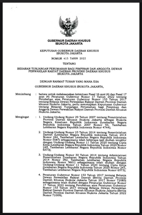 Keputusan Gubernur DKI Jakarta Nomor 415 Tahun 2022 tentang tujangan perumahan anggota DPRD DKI Jakarta. Foto: Dok. JDIH DKI