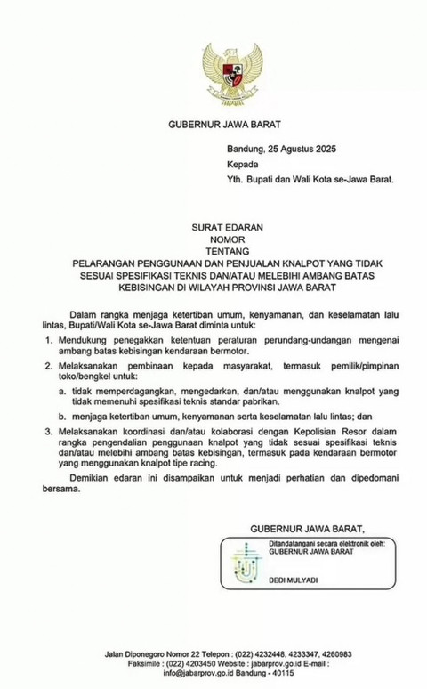 Surat edaran terkait penertiban knalpot brong di Jawa Barat. Foto: Dok. Pemprov Jabar