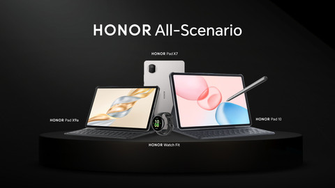 HONOR Pad 10, HONOR Pad X9a, HONOR Pad X7, serta satu wearable HONOR Watch Fit. Foto: Dok. HONOR