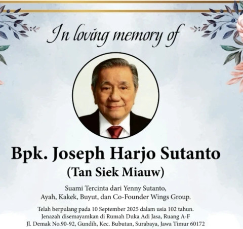 Pendiri Wings Group, Joseph Harjo Sutanto, Meninggal pada Usia 102 Tahun