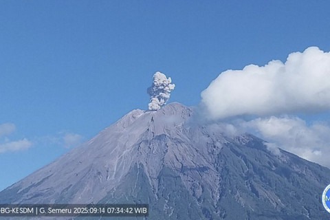 Gunung Semeru erupsi dengan tinggi letusan 700 meter di atas puncak pada Minggu (14/9/2025) pukul 07.33 WIB. Foto: HO-PVMBG/Antara