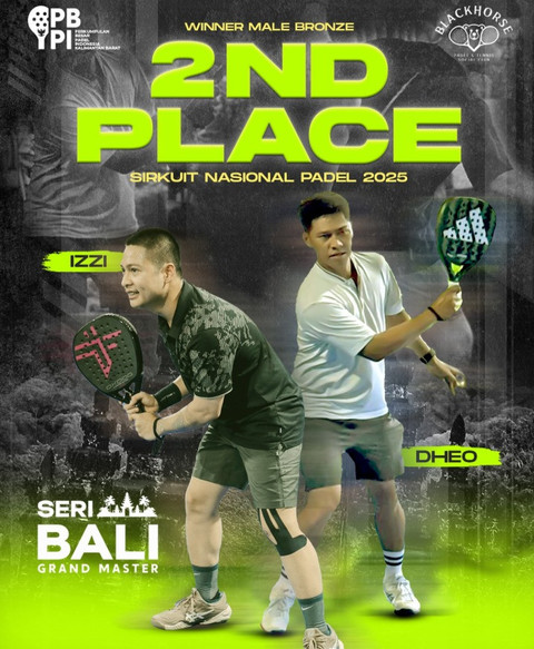 Pasangan Izzy-Dheo, perwakilan tim padel Kalimantan Barat, berhasil meraih juara 2 untuk kategori Man Bronze dalam ajang GoFood Sirkuit Nasional Padel 2025 Seri Bali Grand Master. Foto: Dok. Instagram @blackhorse.socialclub