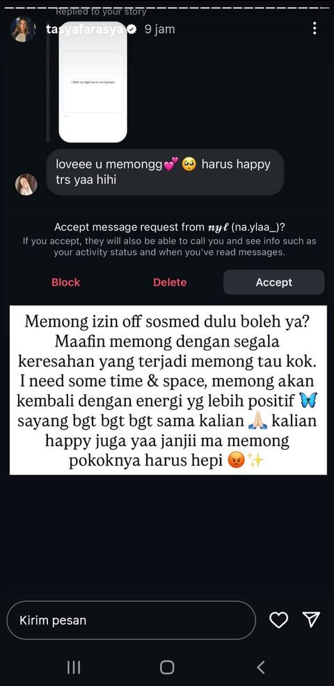 Tasya Farasya umumkan akan istirahat dari media sosial. Foto: Instagram @tasyafarasya