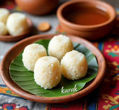 Karak, gaplek yang diolah mirip nasi, bisa dihidangkan dalam bentuk kepalan-kepalan, ditemani dengan air gula nerah. (Sumbet: Meta AI)