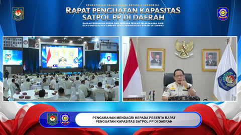 Mendgari Tito Karnavian saat memberi pengarahan secara virtual dalam acara rapat penguatan kapasitas Satpol PP di daerah, Kamis (18/9/2025). Foto: Dok. Kemendagri