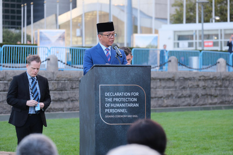 Menteri Luar Negeri RI Sugiono saat menghadiri side event peluncuran Deklarasi Global Pelindungan Personel Kemanusiaan di Markas Besar PBB, New York, Sabtu (21/9/2025). Foto: Kemlu RI