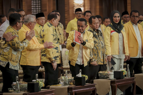 Ketum Partai Golongan Karya, Bahlil Lahadalia, pada pembukaan kegiatan Bimbingan Teknis Anggota Fraksi Partai Golkar DPRD Provinsi dan Kabupaten/Kota Tahun 2025 Gelombang 2 di Hotel Pullman Central Park, Jakarta, Senin (22/9/2025). Foto: Jamal Ramadhan/kumparan
