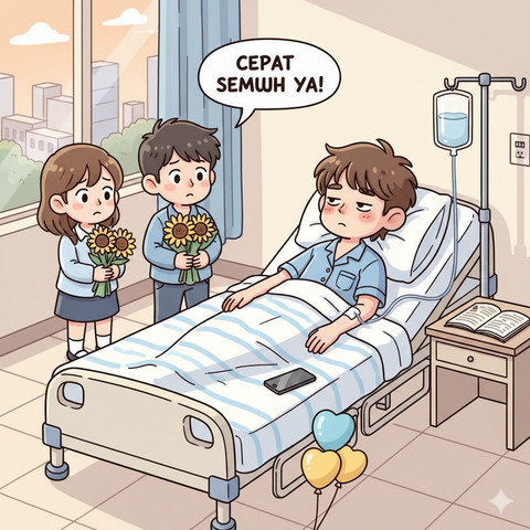 Ilustrasi kartun sedang dirawat di rumah sakit dan di jenguk dua temannya. Foto: Dokumentasi Pribadi.